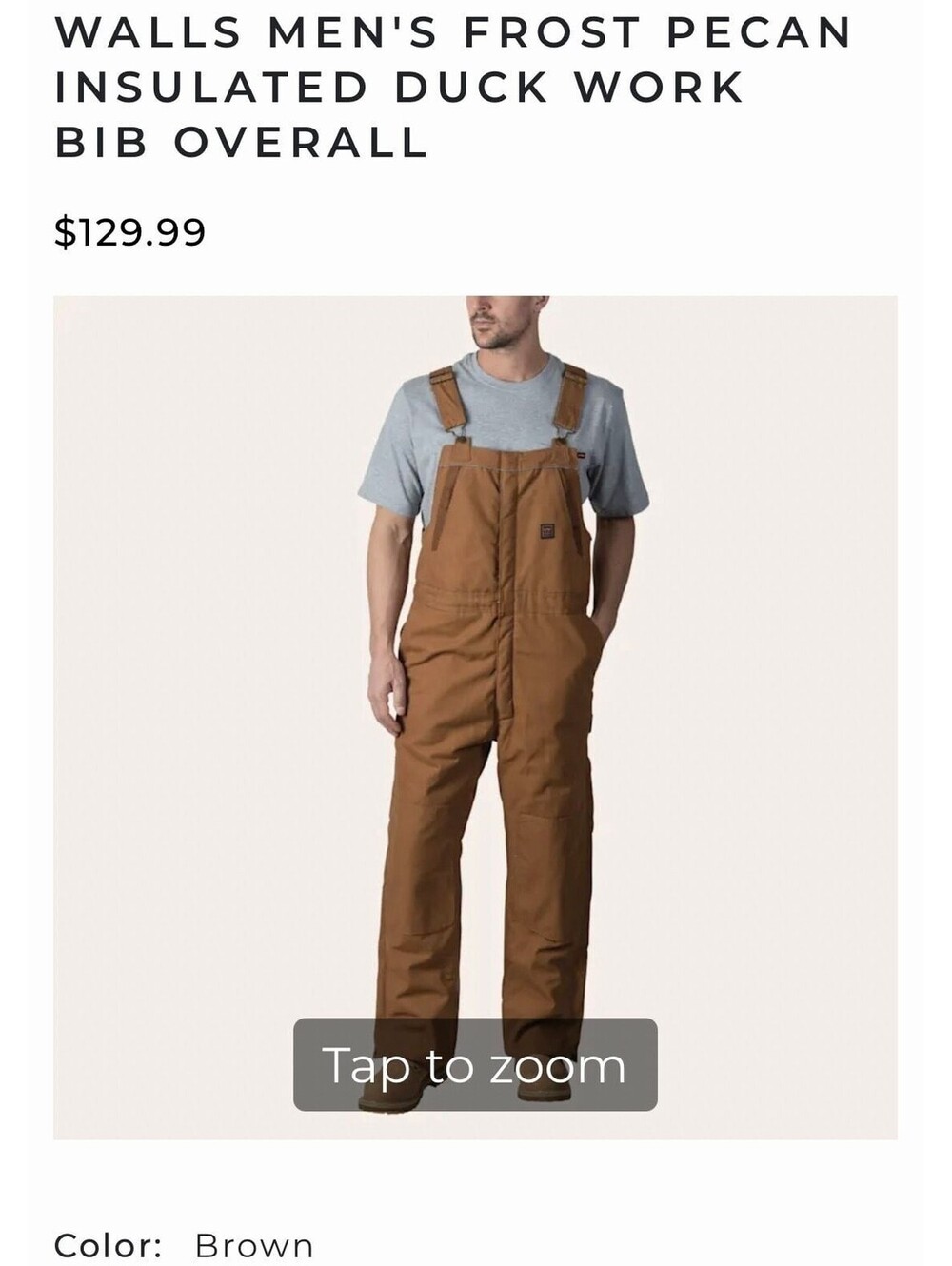 Walls Blizzard-Pruf Insulated Duck Canvas Bib Overalls Brown